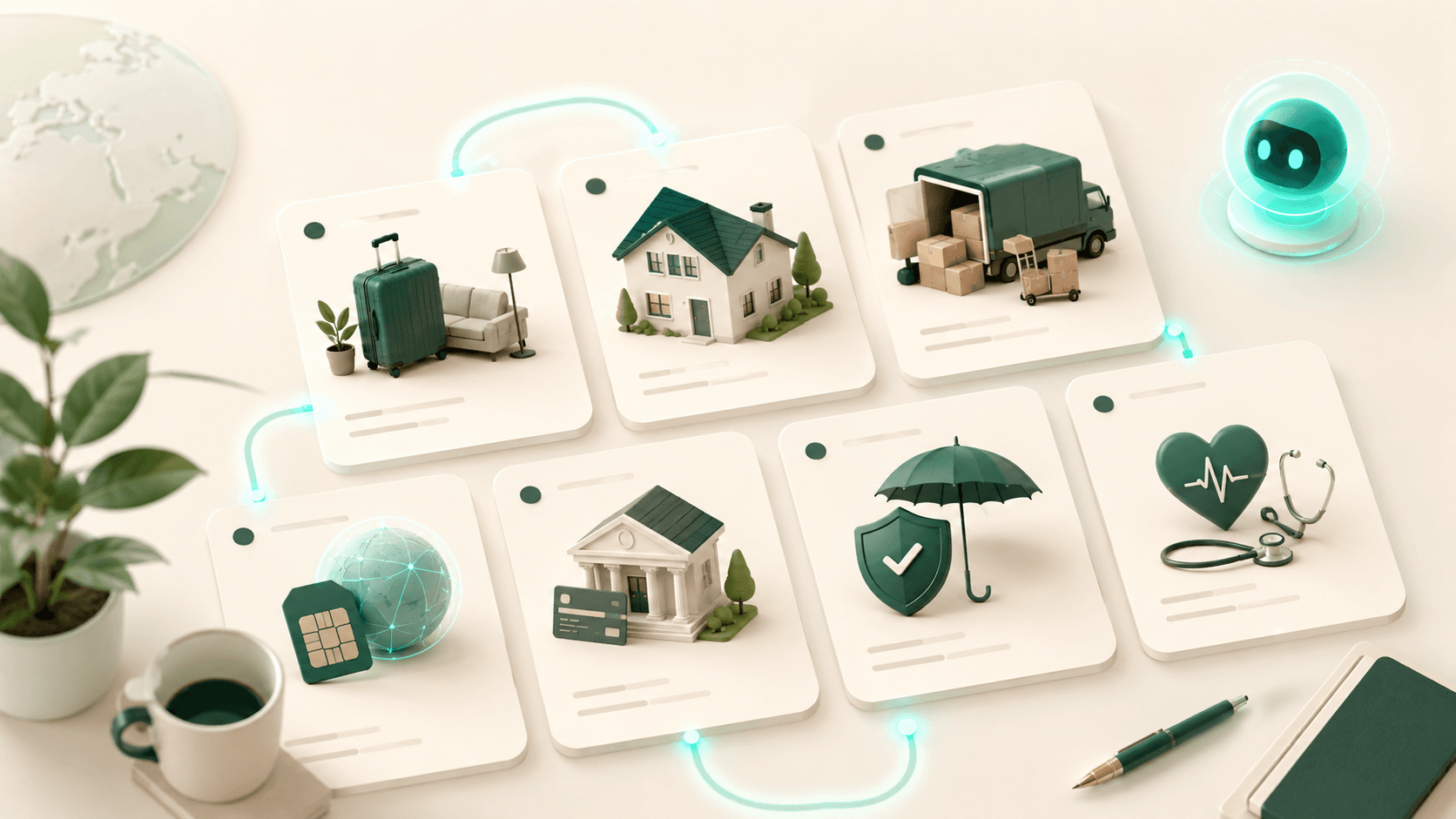 Relocation service research cards for housing, moving, banking, insurance and healthcare.