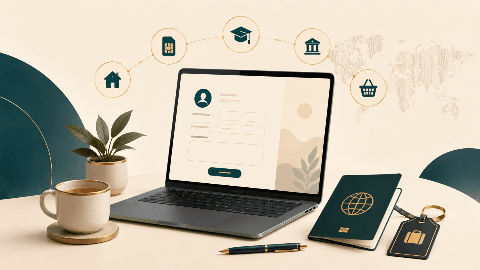 Laptop showing a relocation story form with passport, luggage tag, and practical move icons