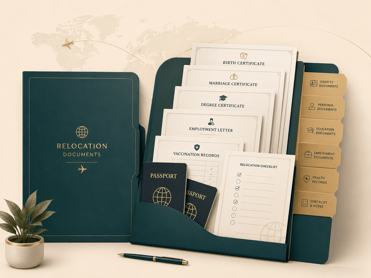 Organised relocation document folder with passports, certificates, employment letter, and checklist pages