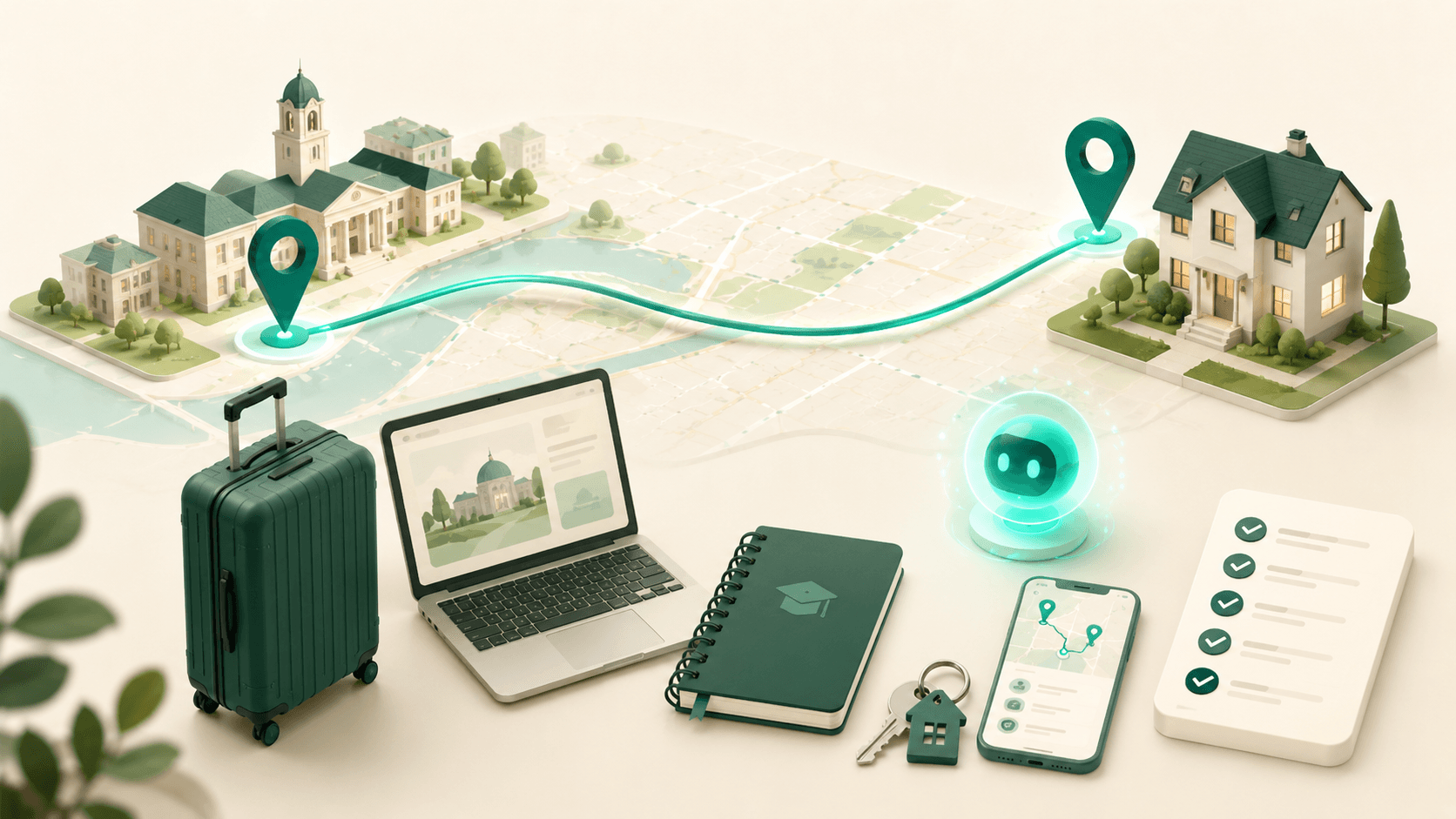 Student relocation planning with laptop, suitcase, route map, housing key and checklist.
